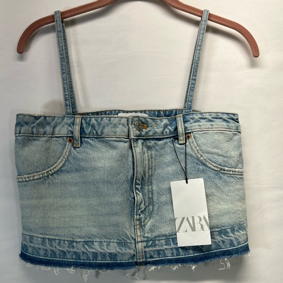 Zara Tops - Zara Denim Crop Top W/Straps XS 100%‎ Cotton SKY BLUE NEW
